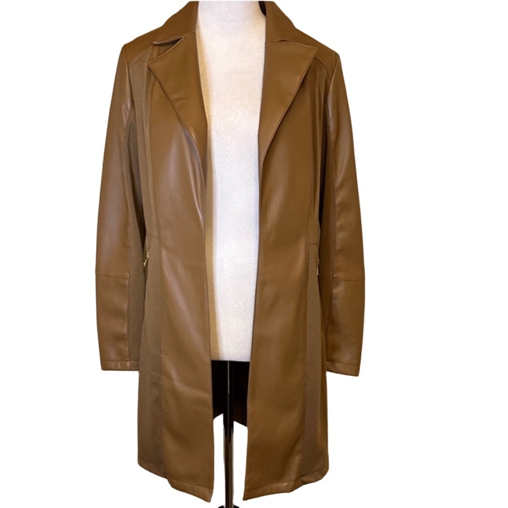 NWOT Stylish Brown Faux Leather and Suede Jacket with gold zipper pockets